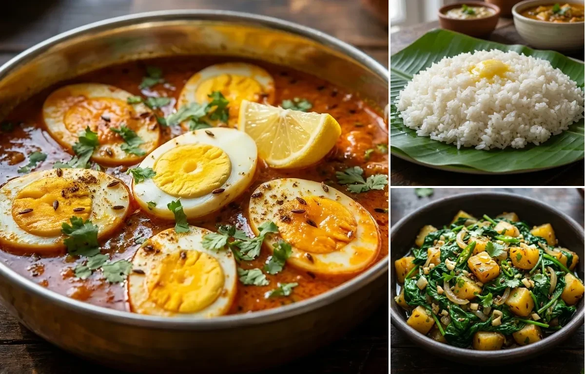 Egg Curry with Steamed Rice with Paleng Xaak Bhaji