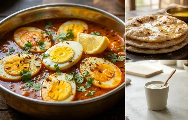 Egg Curry with Urad Dal, Chapati and Plain Yogurt Cup