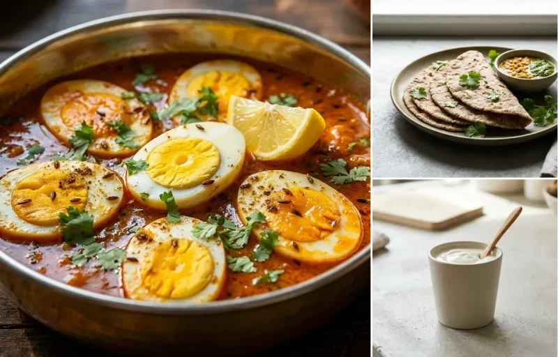 Egg Curry with Vegan Jowar Roti and Plain Yogurt Cup