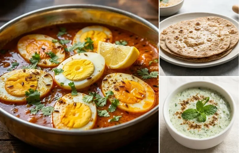 Egg Curry with Vegan Masoor Dal, No-Salt Whole Wheat Roti and Mint Raita