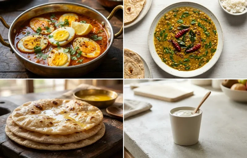 Egg Curry with Vegan Methi Dal, Chapati and Plain Yogurt Cup
