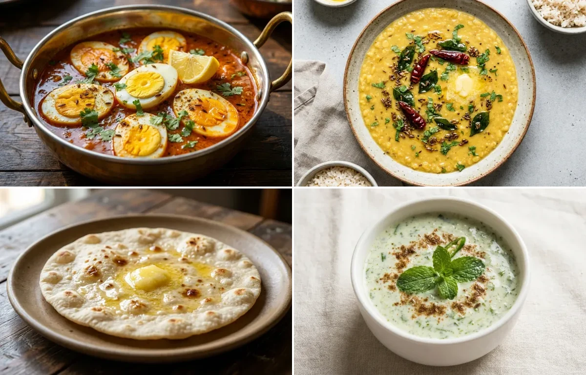 Egg Curry with Vegan Toor Dal, Jowar Roti and Mint Raita