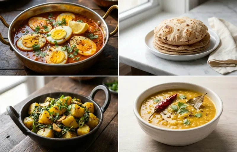 Egg Curry with Whole-Wheat Phulka with Aloo Methi Sabzi with Moong Dal