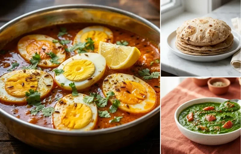 Egg Curry with Whole-Wheat Phulka with Palak Sabzi