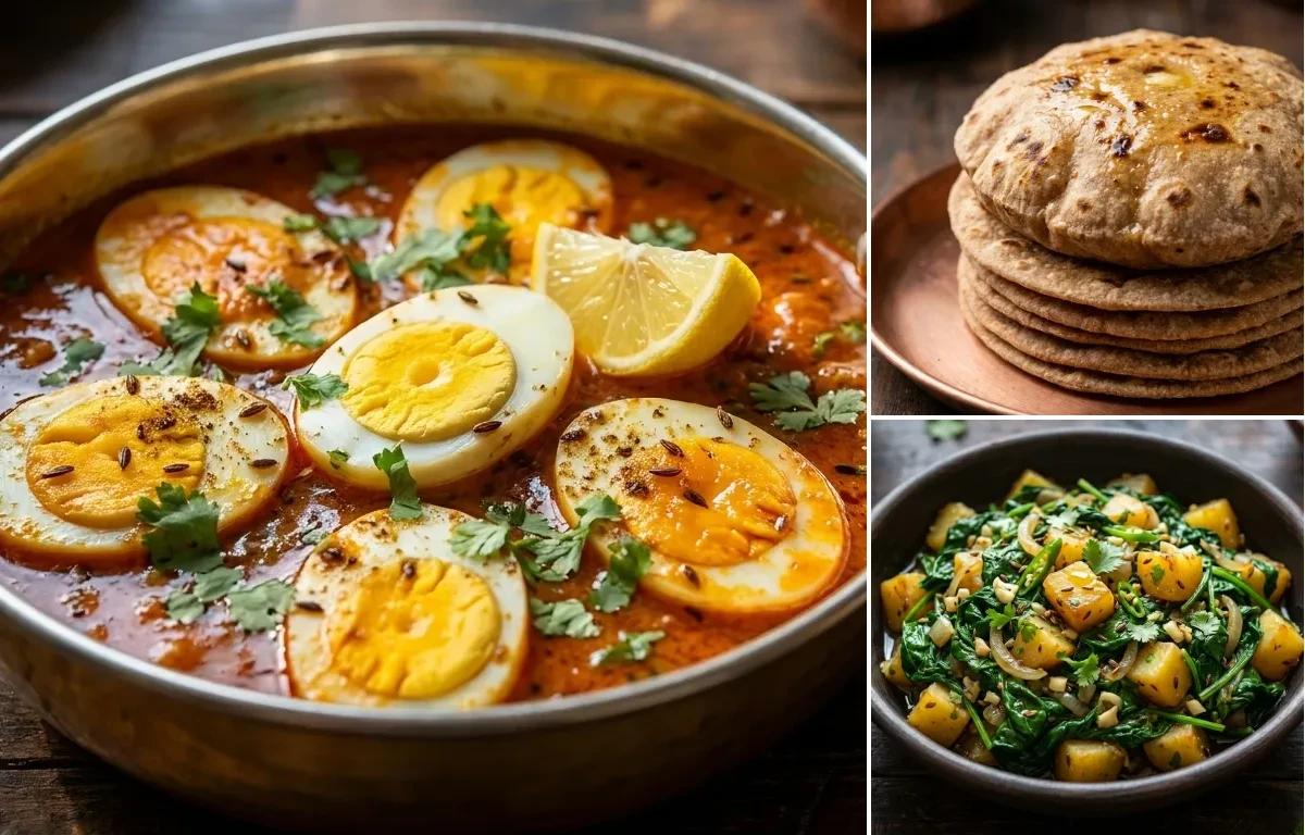 Egg Curry with Whole Wheat Roti with Paleng Xaak Bhaji