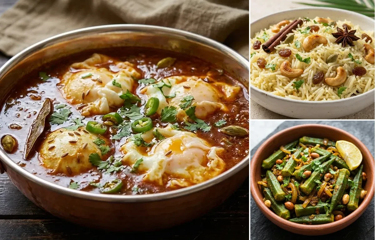 Egg Drop Curry with Goan Coconut Rice and Bhendi Bhaji