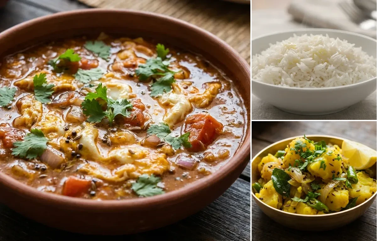 Egg Drop Curry (Phodshi) with Steamed Basmati Rice and Batata Bhaji