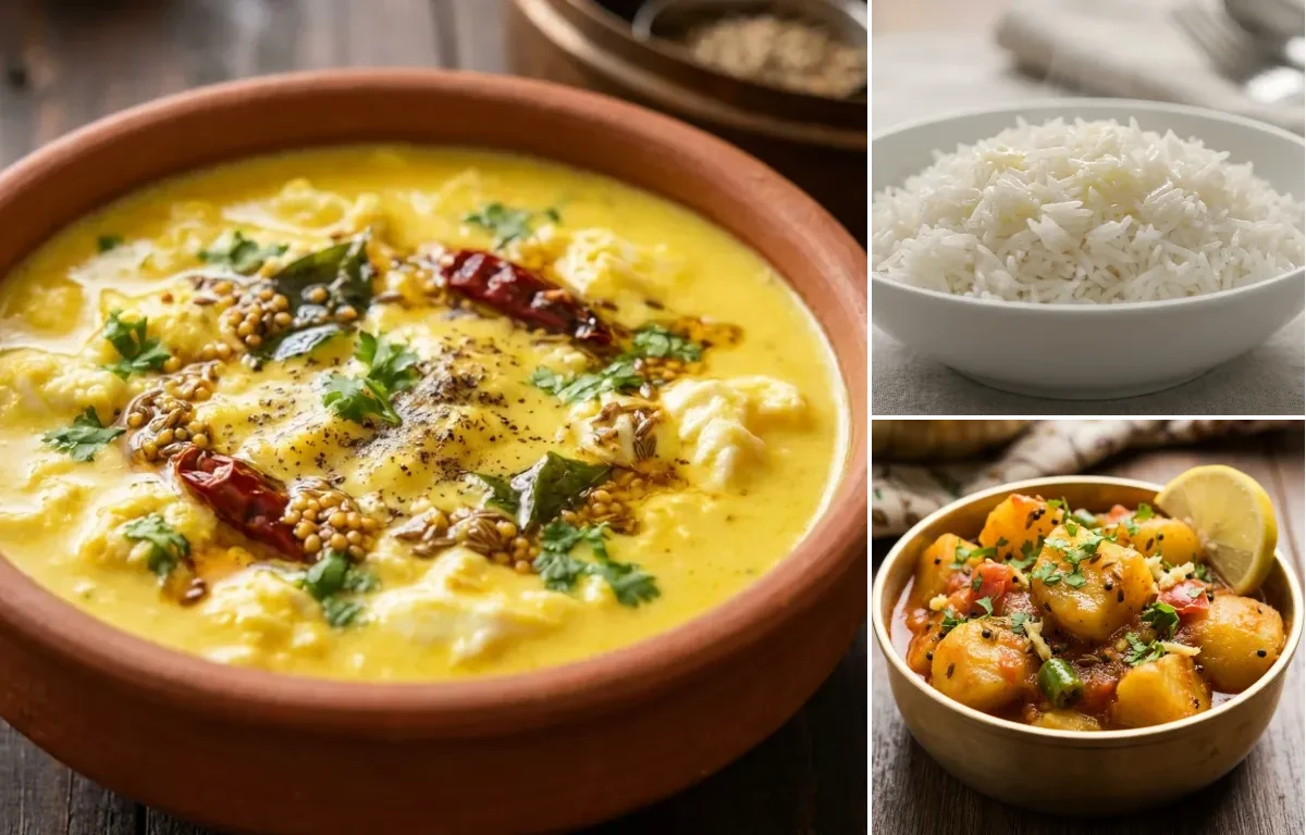 Egg Drop Kadhi with Steamed Basmati Rice and Bateta nu Shaak