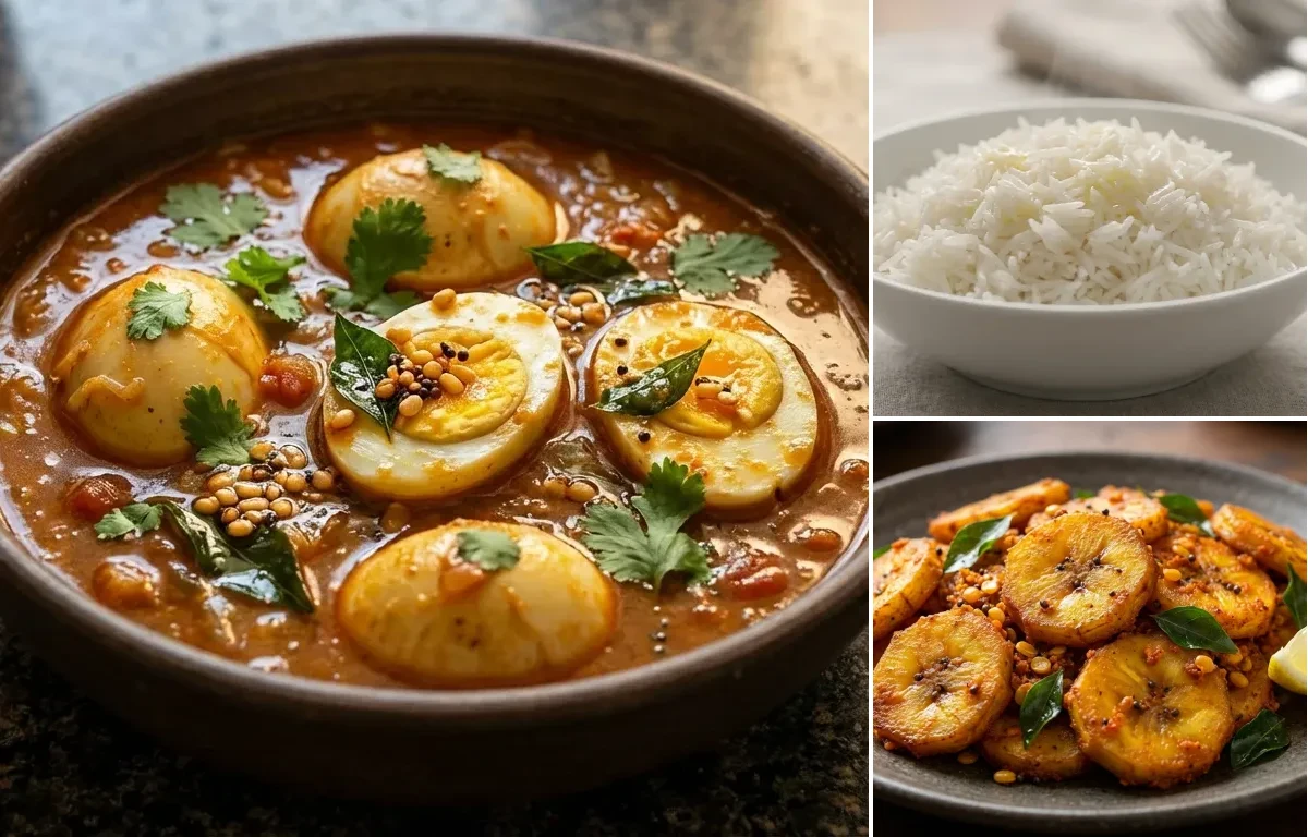 Egg Drop Kuzhambu with Steamed Basmati Rice and Vazhakkai Varuval
