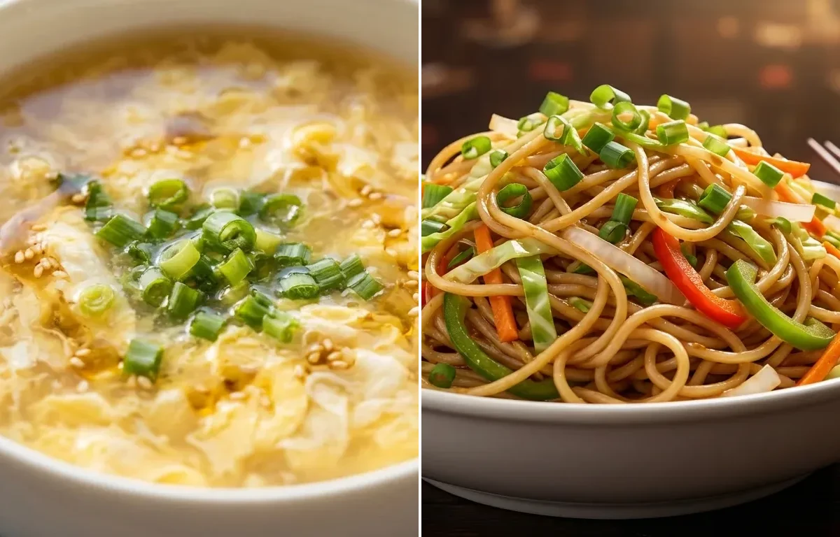 Egg Drop Soup with Veg Hakka Noodles