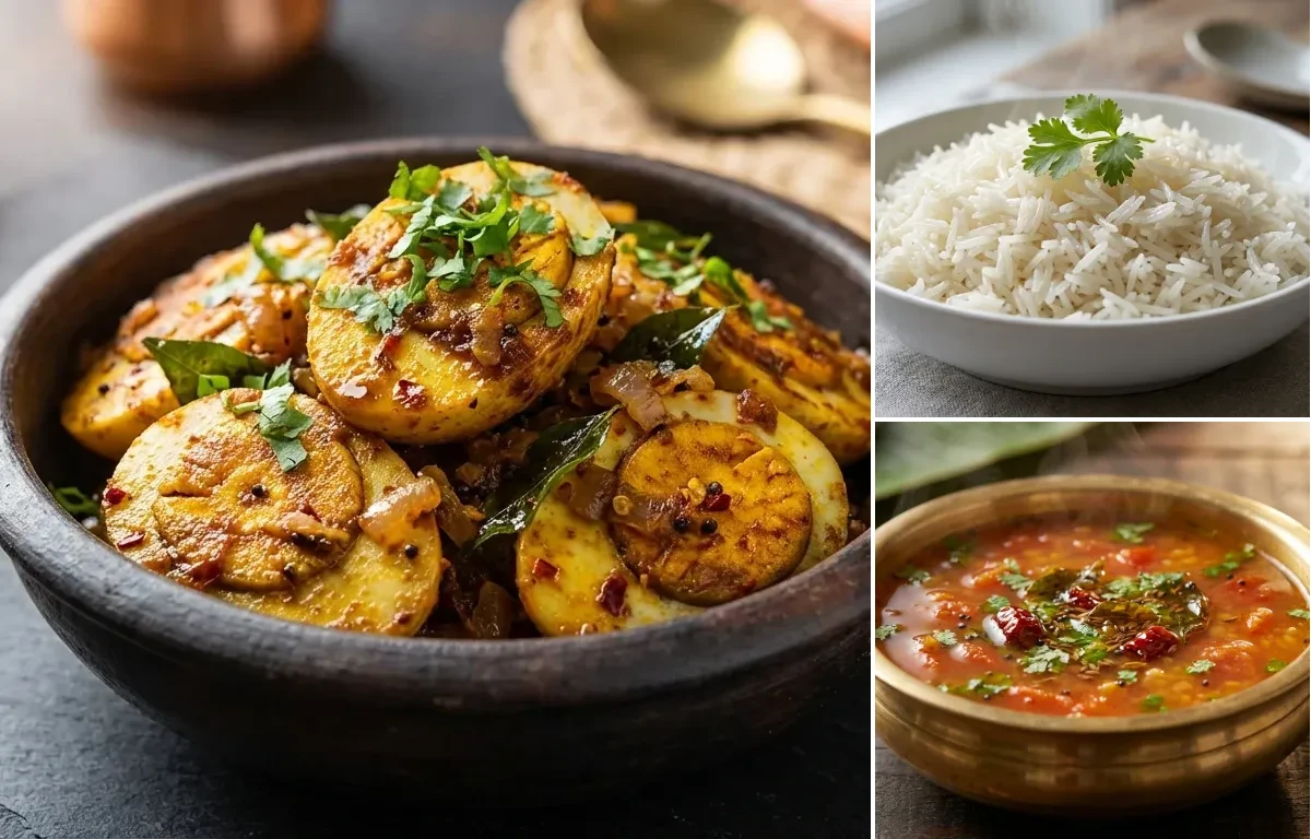 Egg Fry with Boiled Rice and Tomato Rasam