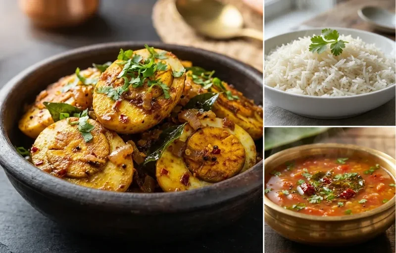Egg Fry with Boiled Rice and Tomato Rasam
