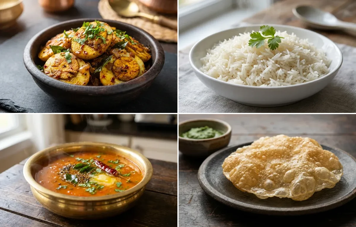 Egg Fry with Boiled Rice, Tomato Saaru and Appalam