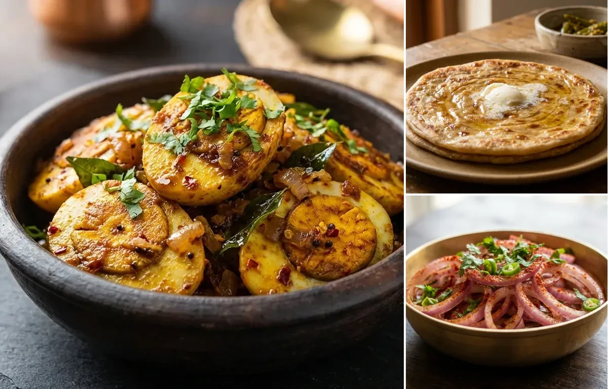 Egg Fry with Paratha and Onion Salad