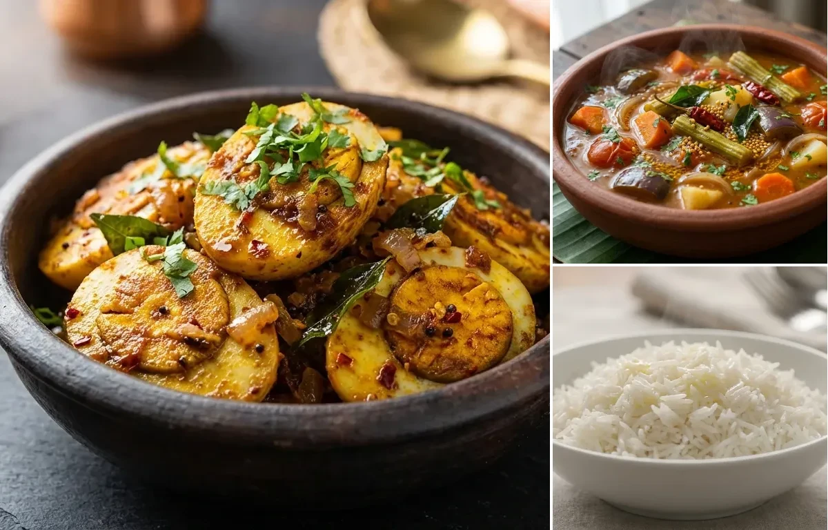 Egg Fry with Vegetable Sambar and Steamed Basmati Rice