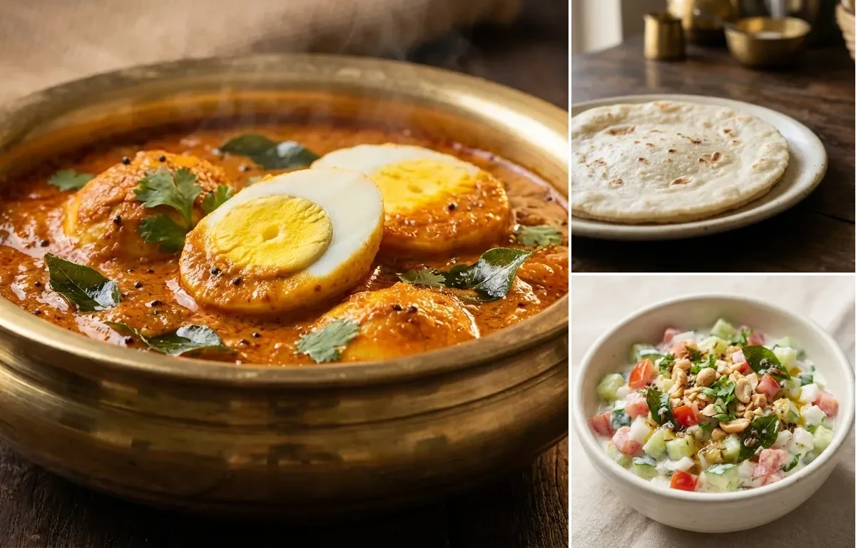 Egg Gassi with Rice Bhakri and Koshimbir