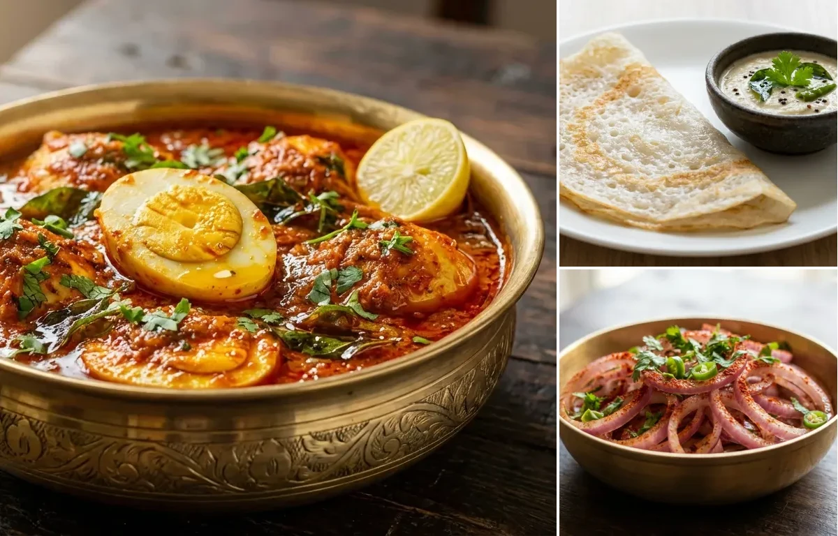 Egg Ghee Roast with Neer Dosa and Onion Salad