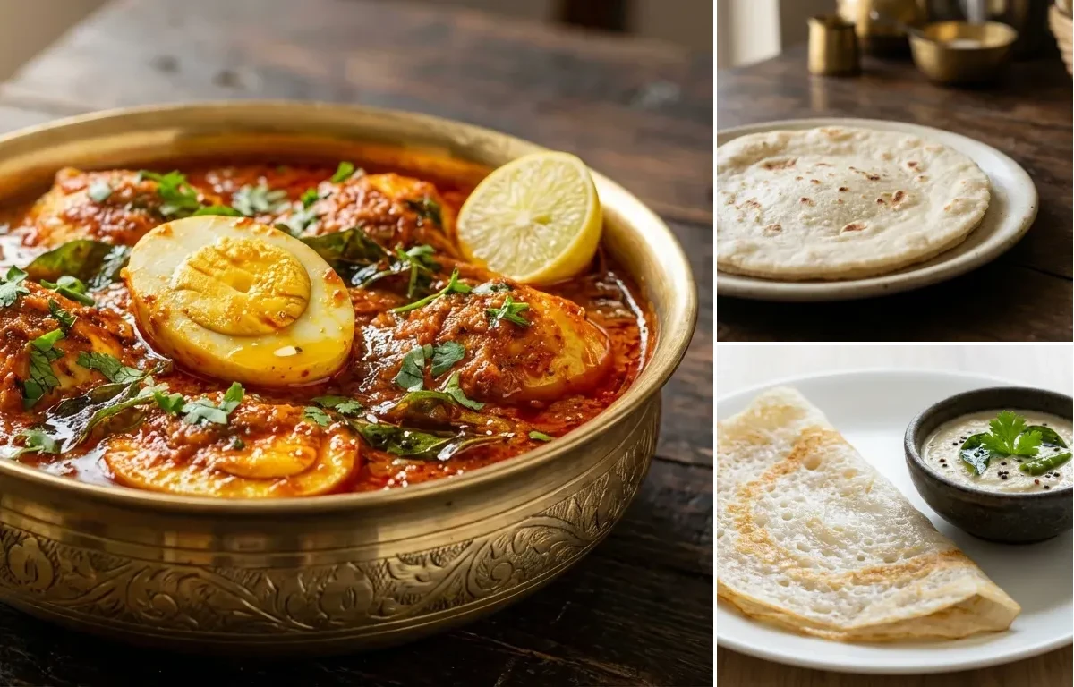 Egg Ghee Roast with Rice Bhakri and Neer Dosa