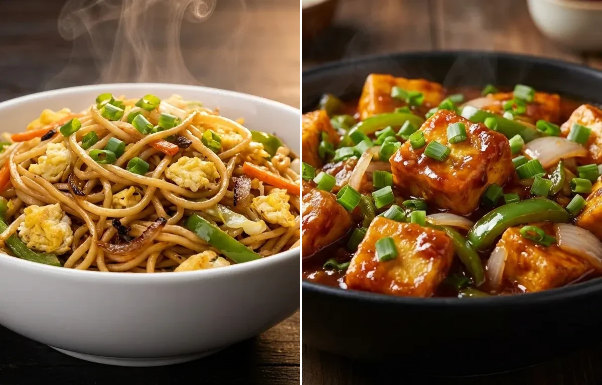 Egg Hakka Noodles with Chilli Paneer Gravy