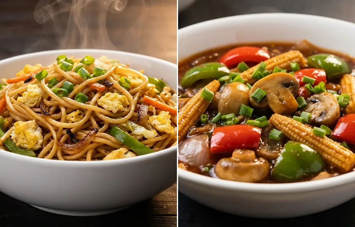 Egg Hakka Noodles with Mushroom Baby Corn Hot Garlic Sauce