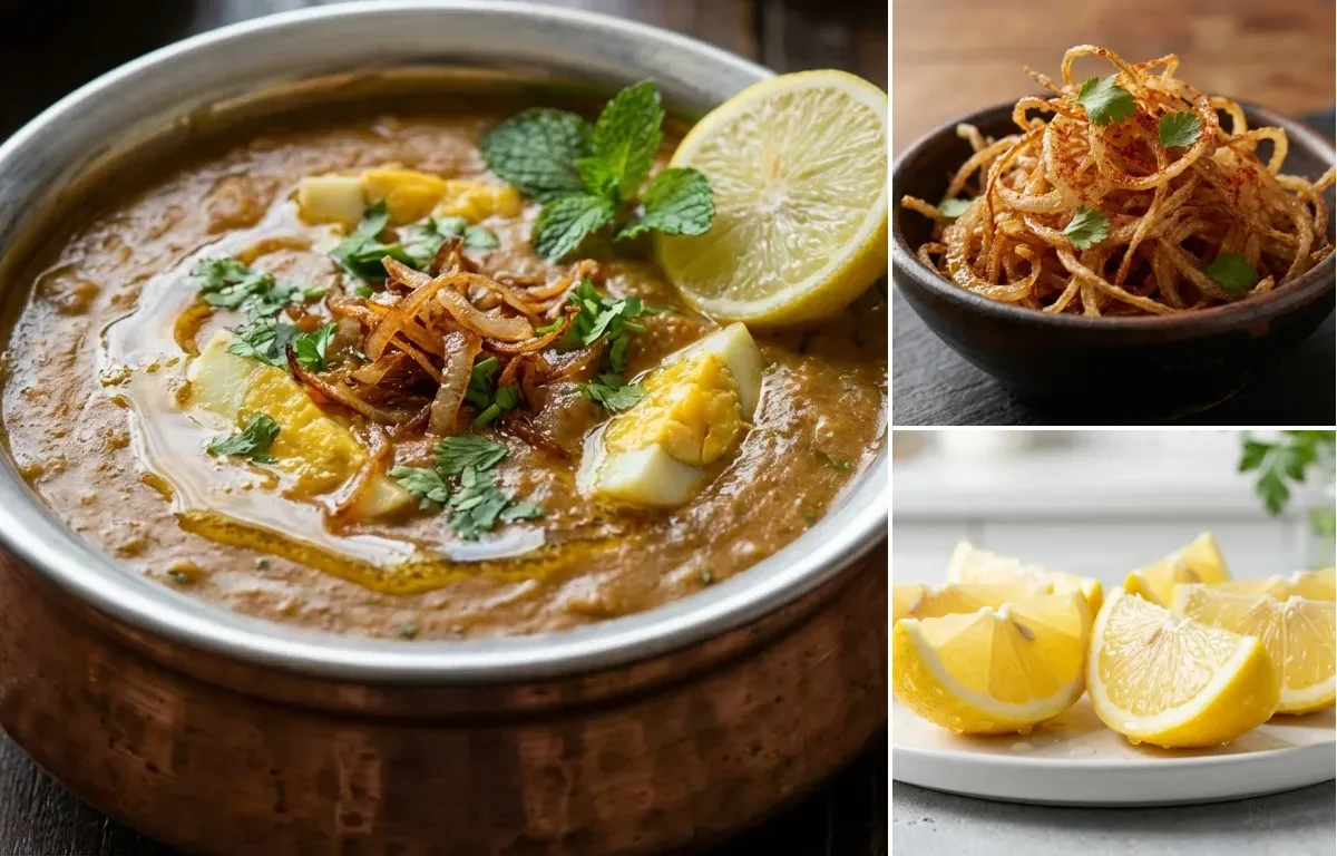 Egg Haleem with Fried Onions and Lemon Wedges