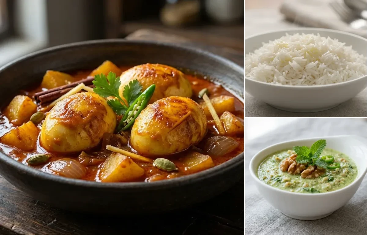 Egg Kaliya with Steamed Basmati Rice and Walnut Chutney