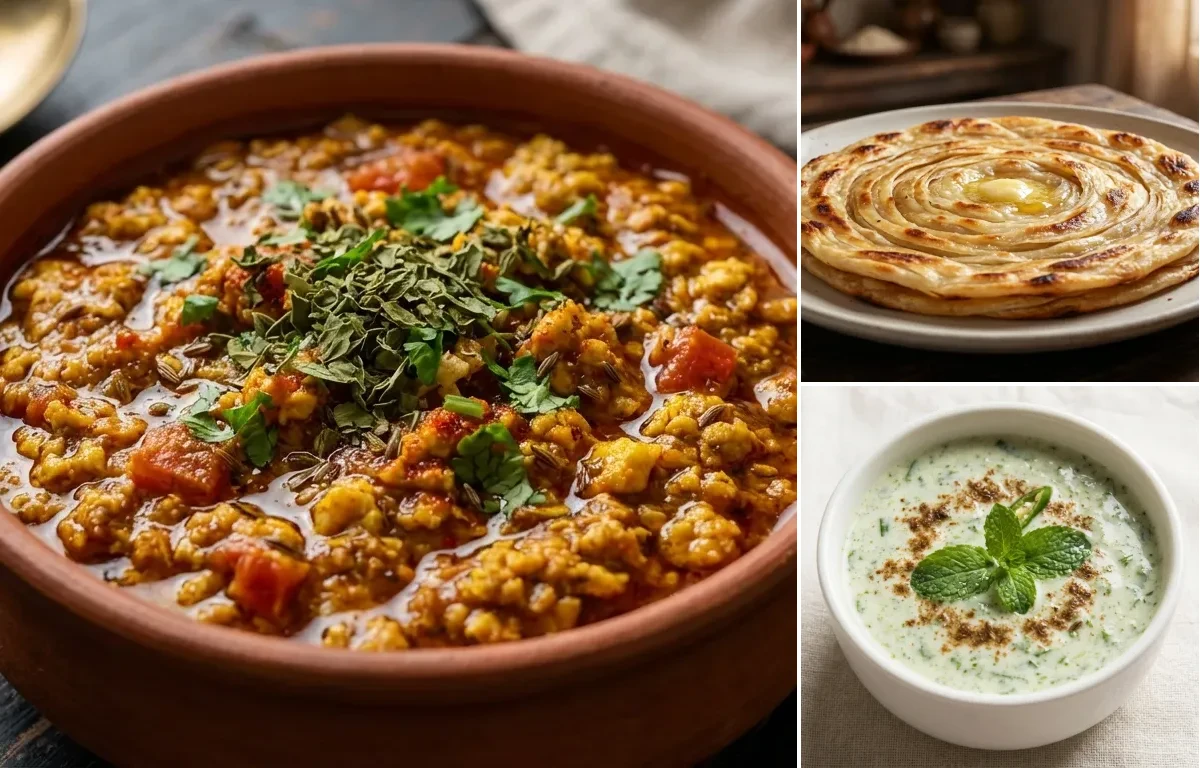 Egg Keema Masala with Lachha Paratha and Mint Raita