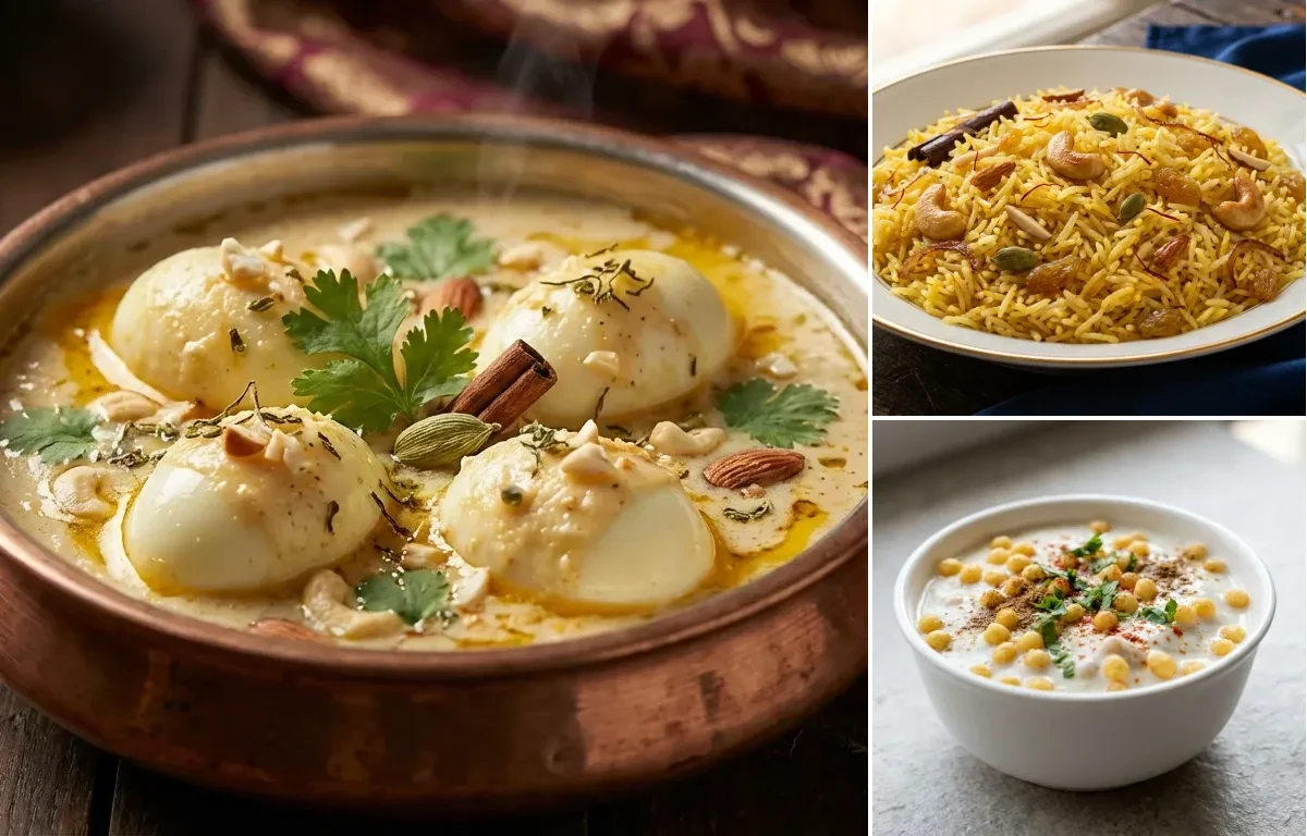 Egg Korma with Zafrani Pulao and Boondi Raita