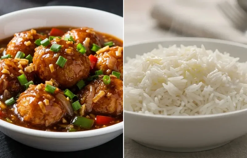 Egg Manchurian Gravy with Steamed Basmati Rice