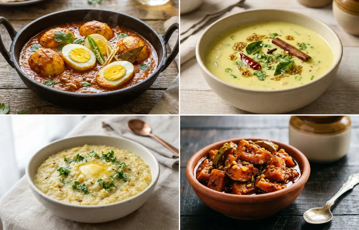 Egg Masala Curry with Gujarati Kadhi, Moong Dal Khichdi and Mango Pickle