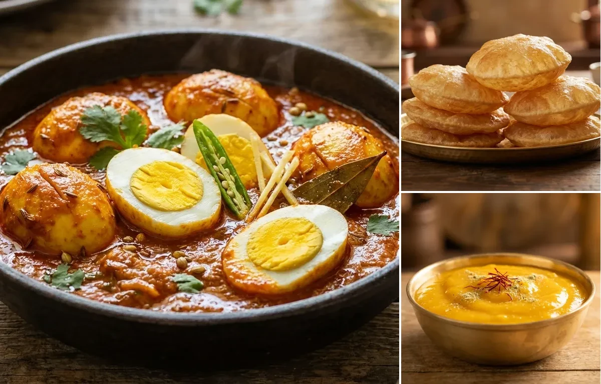 Egg Masala Curry with Puri and Aamras