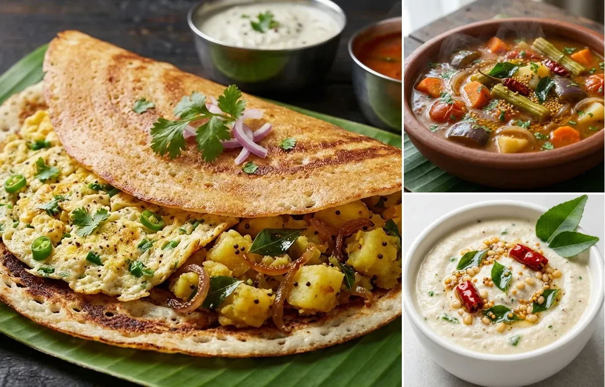 Egg Masala Dosa with Vegetable Sambar and Coconut Chutney
