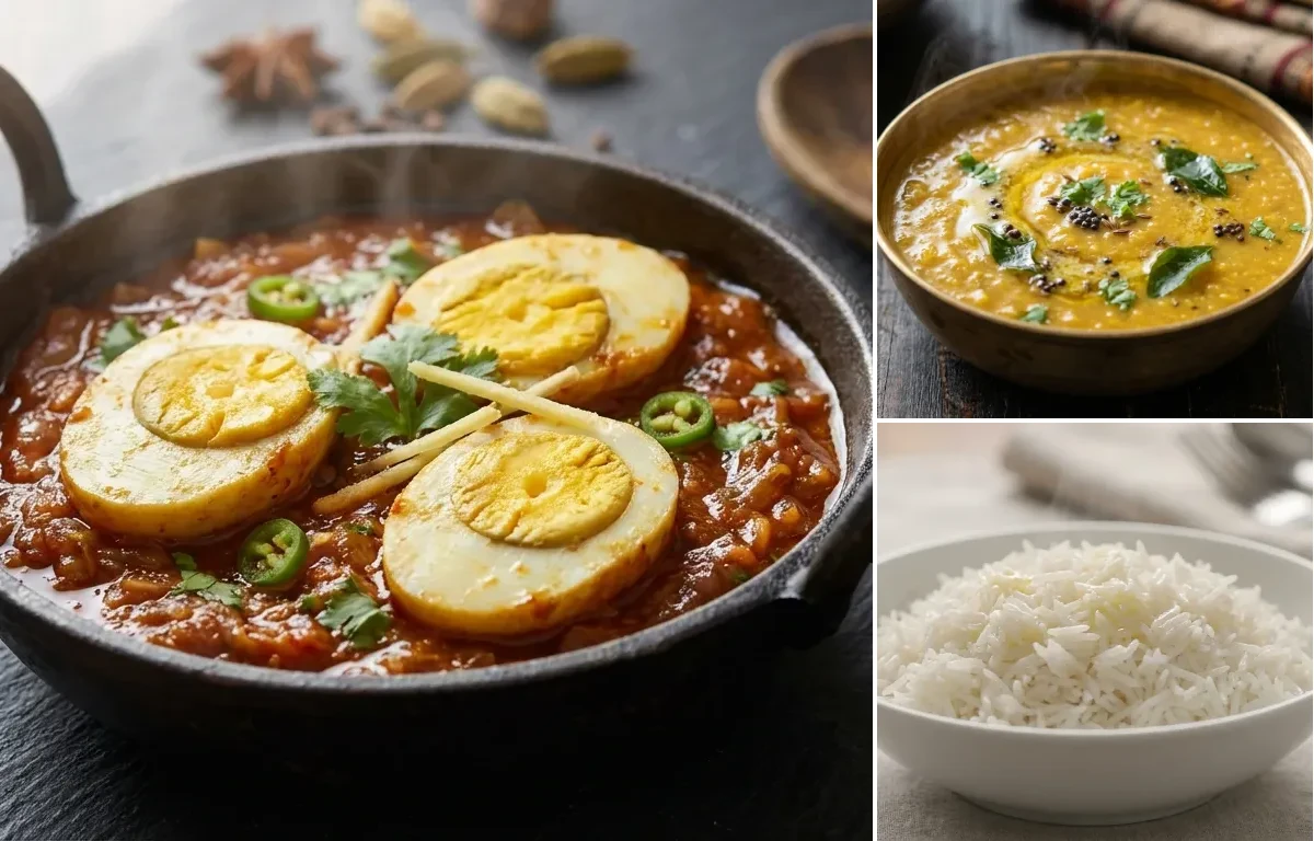 Egg Masala Fry with Amti Dal and Steamed Basmati Rice