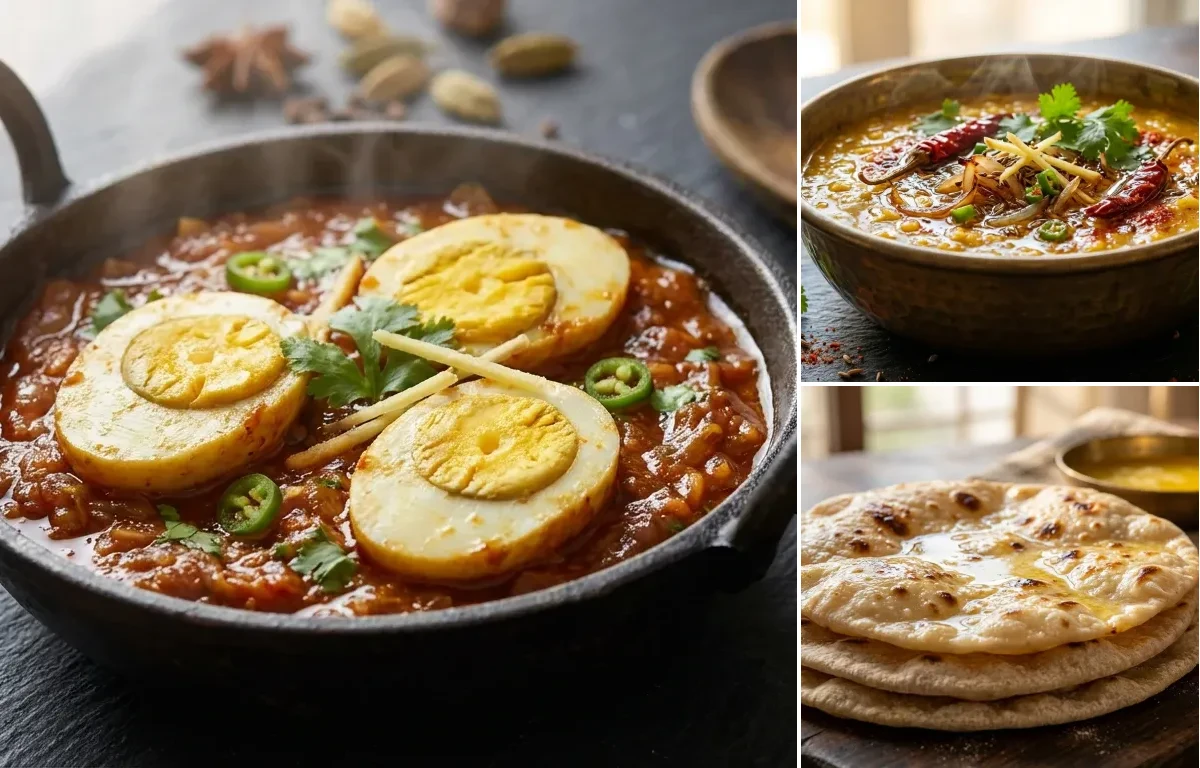 Egg Masala Fry with Dal Tadka and Chapati