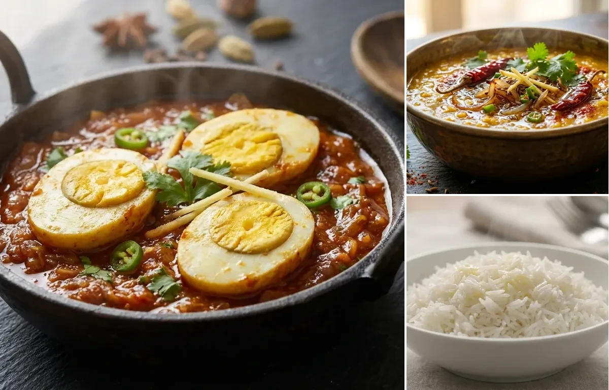 Egg Masala Fry with Dal Tadka and Steamed Basmati Rice