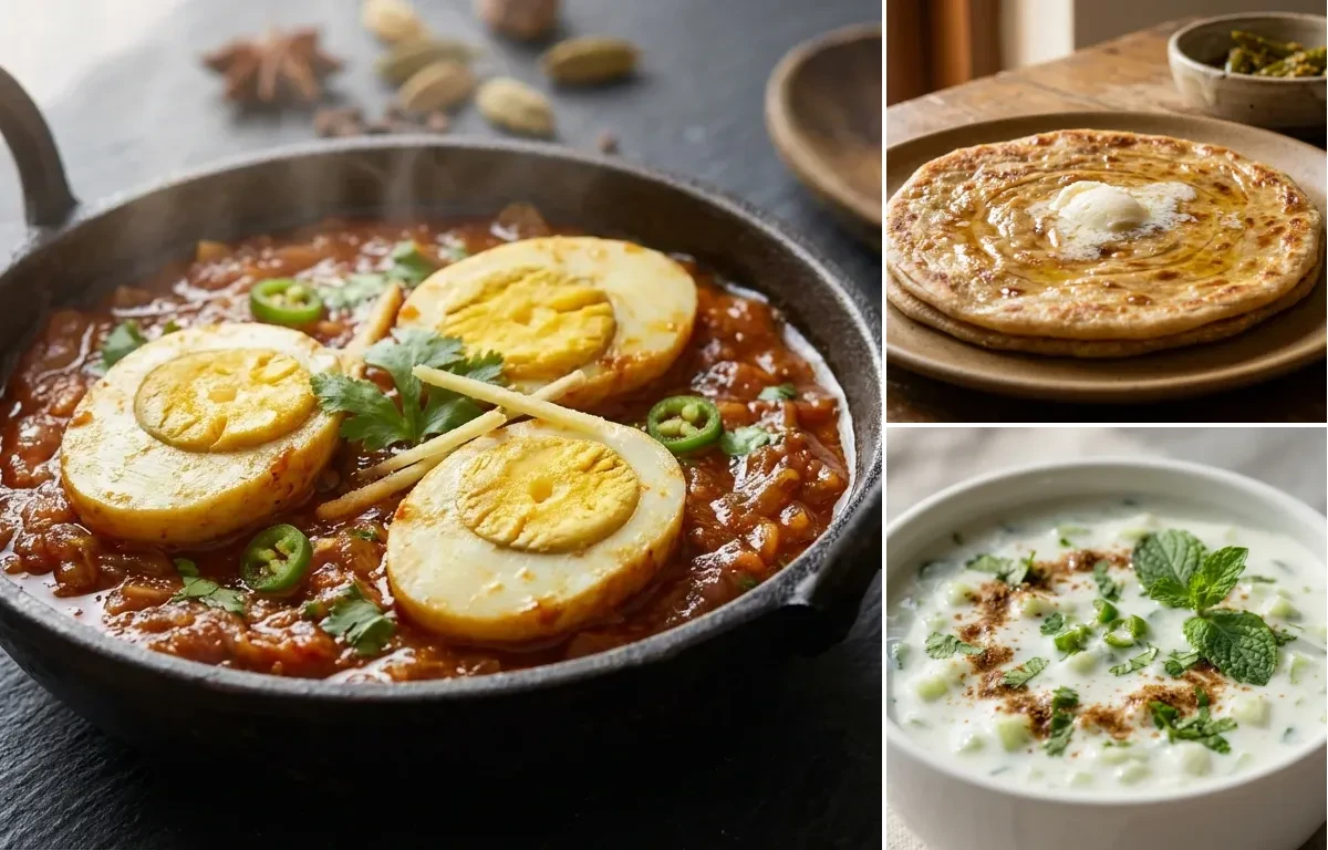 Egg Masala Fry with Paratha and Cucumber Raita