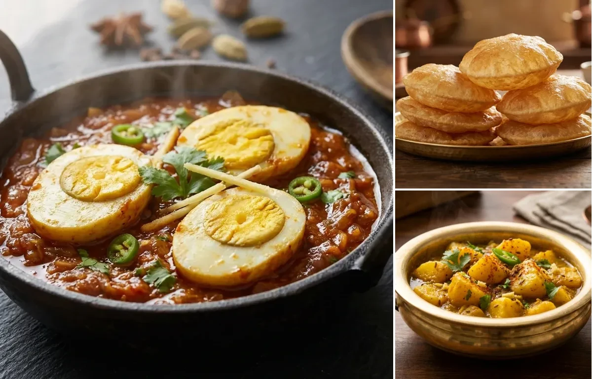 Egg Masala Fry with Puri and Aloo Sabzi
