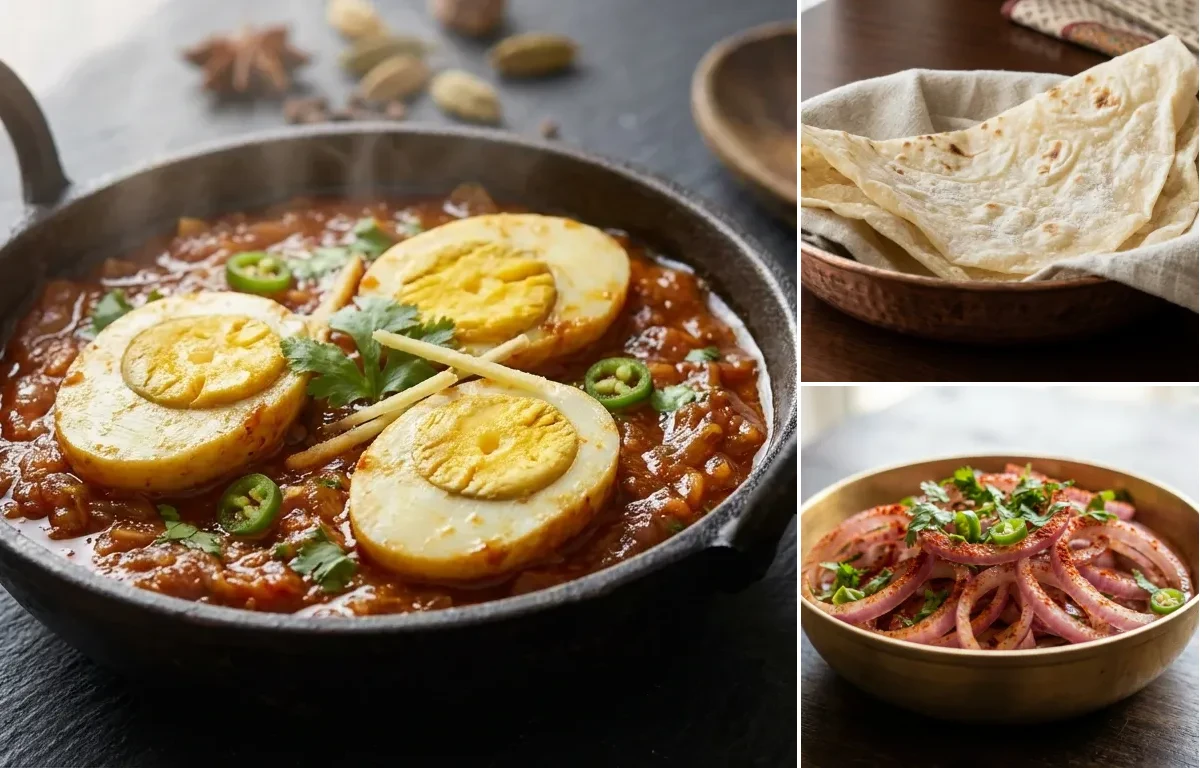 Egg Masala Fry with Roomali Roti and Onion Salad
