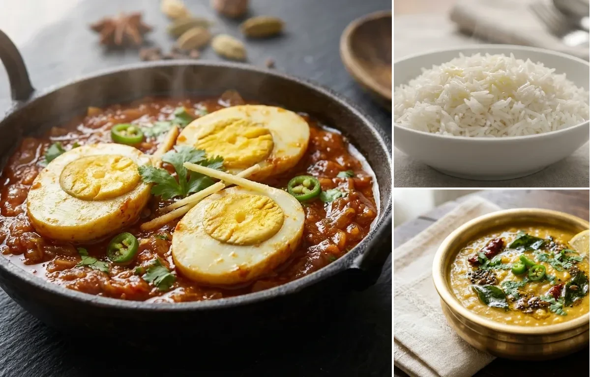 Egg Masala Fry with Steamed Basmati Rice and Dal Toi
