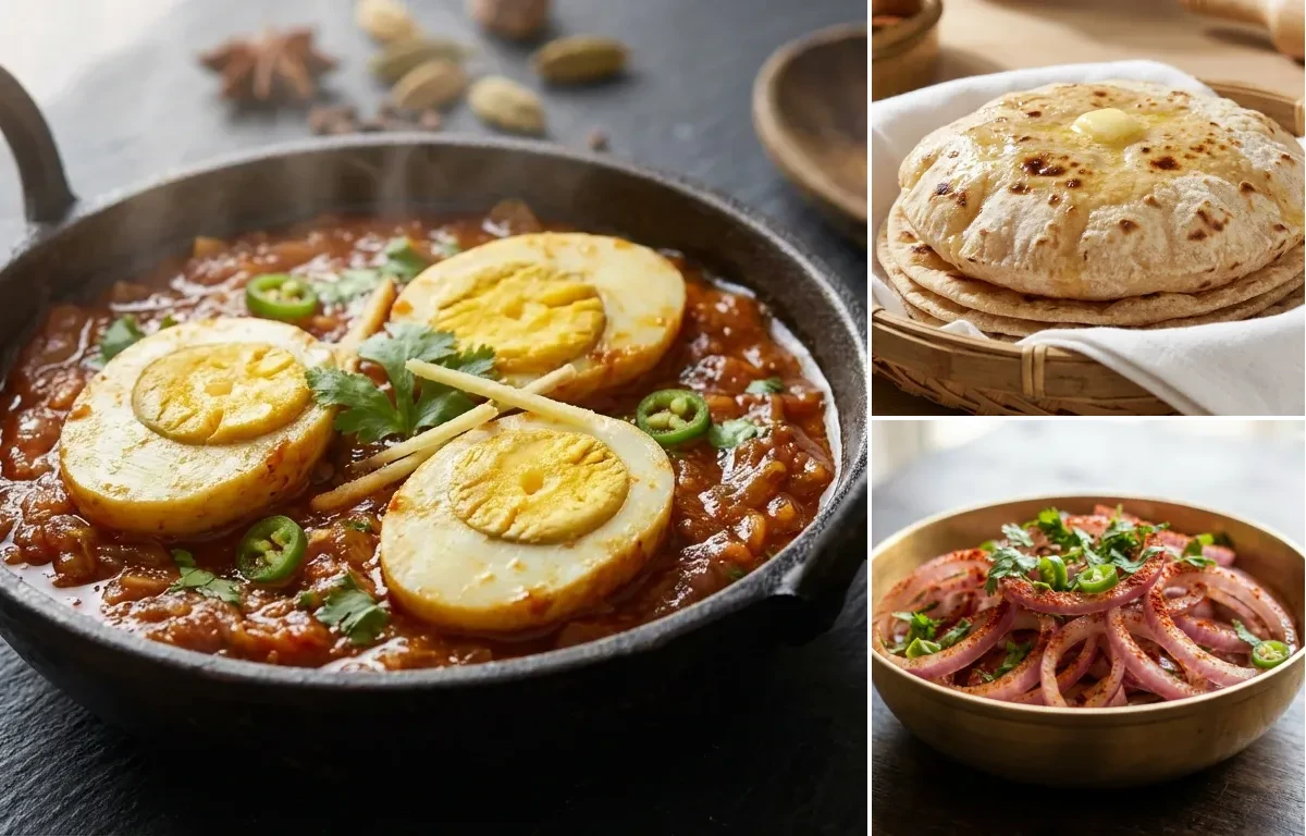 Egg Masala Fry with Tawa Roti and Onion Salad