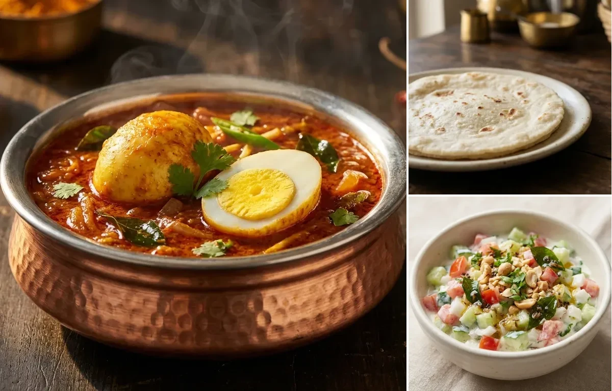 Egg Masala with Rice Bhakri and Koshimbir
