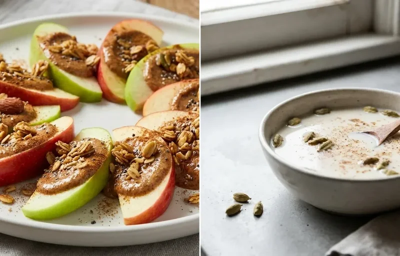 Egg Oats Bowl with Apple Slices With Almond Butter and Milk With Cardamom