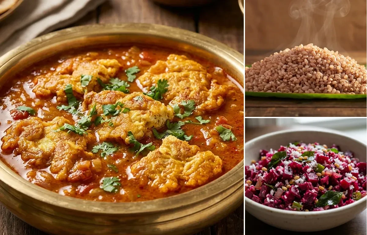 Egg Omelette Curry with Matta Rice and Beetroot Thoran