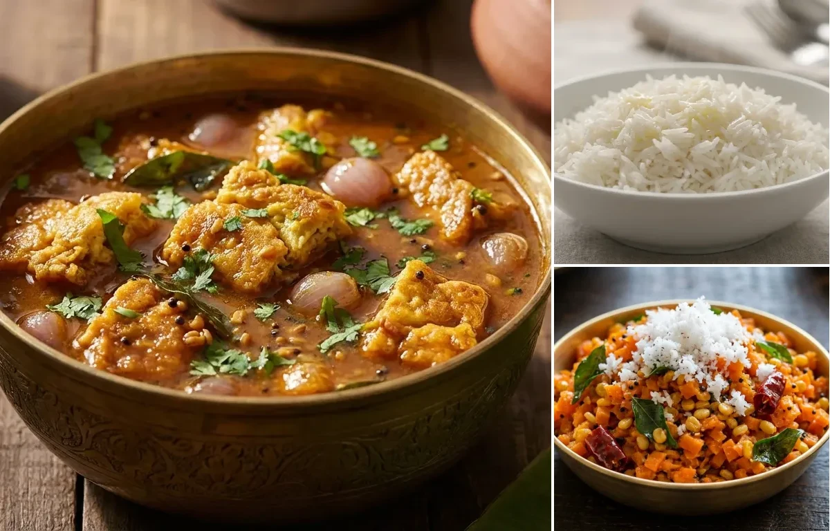Egg Omelette Kuzhambu with Steamed Basmati Rice and Carrot Poriyal