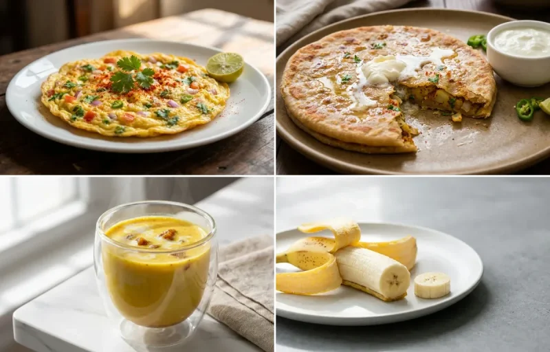 Egg Omelette with Aloo Paratha with Milk with Banana