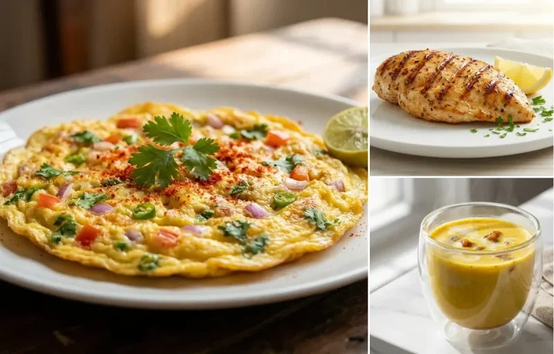 Egg Omelette with Grilled Chicken Breast with Milk