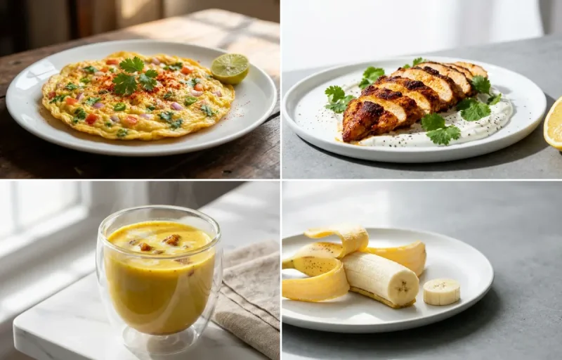 Egg Omelette with Spiced Chicken Slices with Milk with Banana