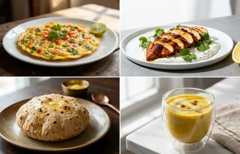 Egg Omelette with Spiced Chicken Slices with Phulka with Milk