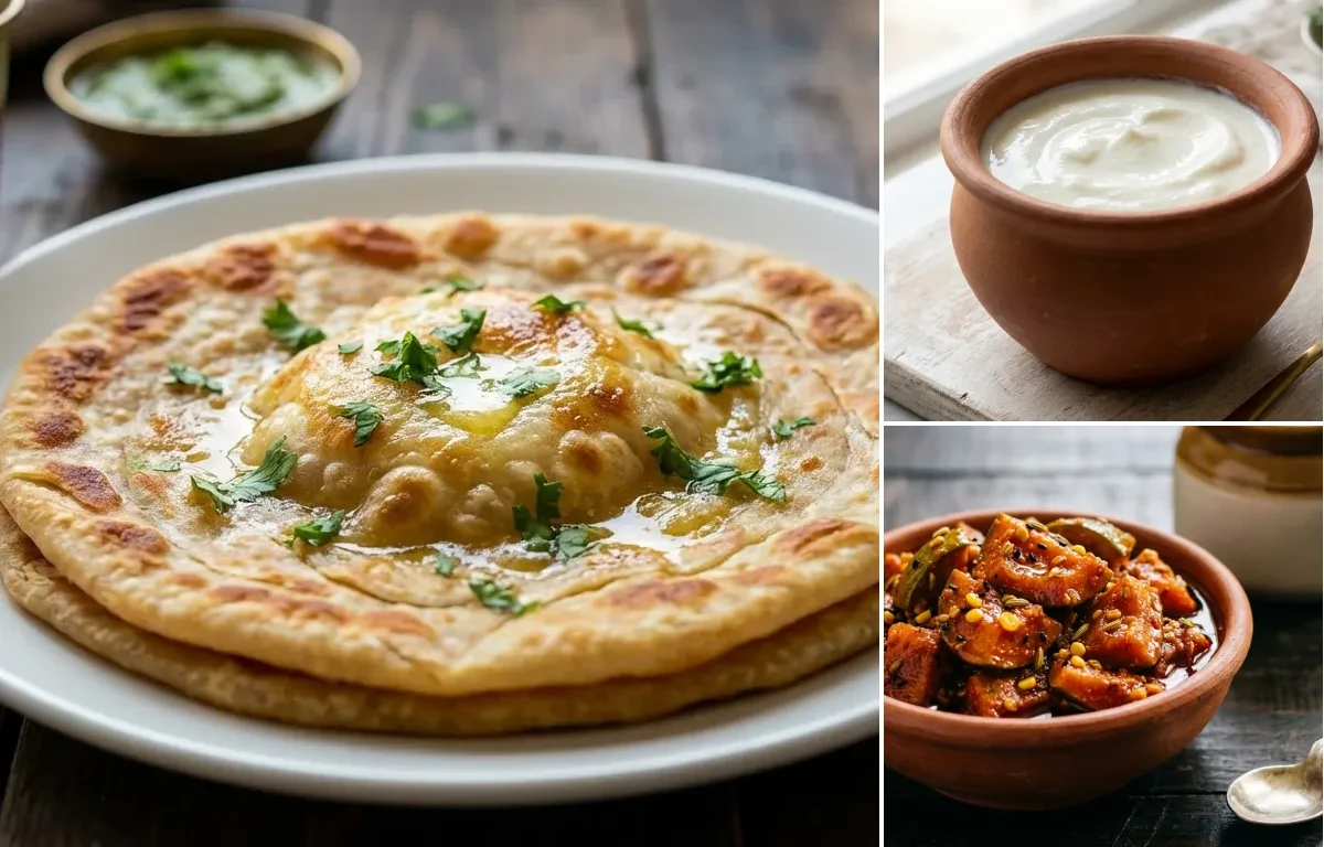 Egg Paratha with Curd and Mango Pickle