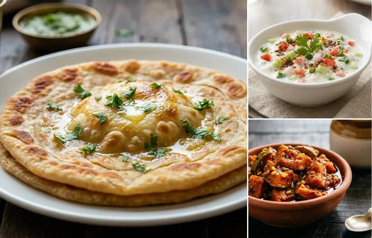 Egg Paratha with Vegetable Raita and Mango Pickle